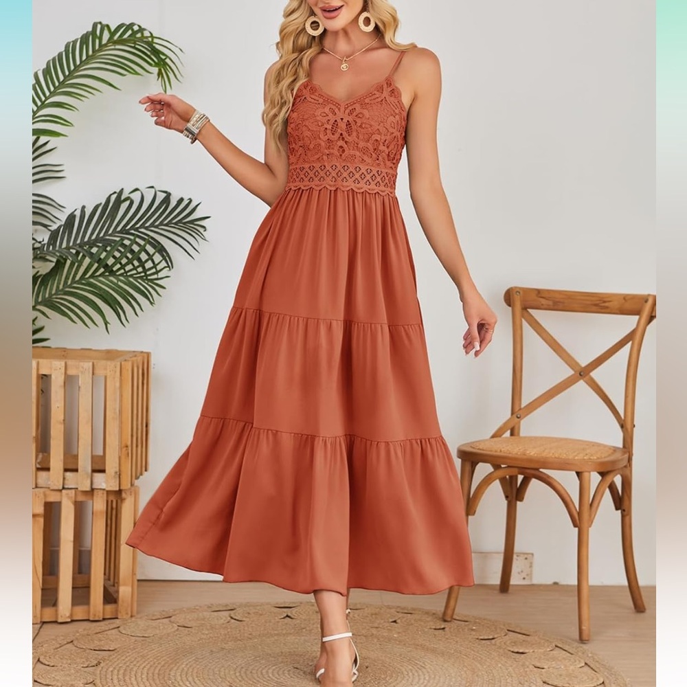 Dokuritu Women's Crochet Lace Maxi Summer Vacation Spaghetti Strap Long Dress - Picture 2 of 13